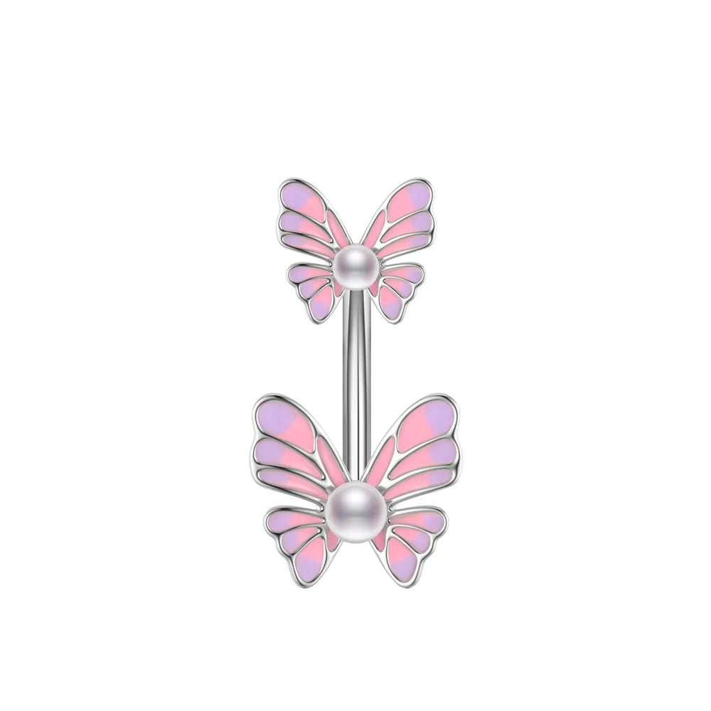 1 pièce Anneau de nombril incurvé en acier inoxydable couleur or avec cristaux CZ, motif papillon abeille, 14G, avec pendentif