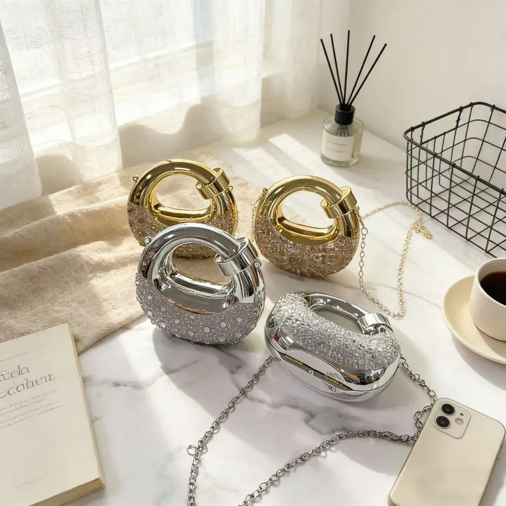 Mini sacs de soirée dorés, sacs à main de luxe de créateur, sacs à bandoulière, pochettes rondes en acrylique pour fêtes et mariages, ornées de diamants, style Ins