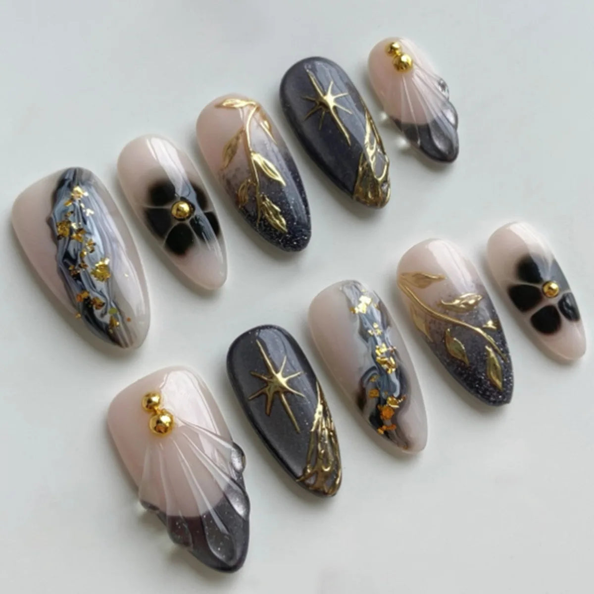 24 pièces de faux ongles à fleurs, style tendance, avec effet dégradé jaune et rose. Ongles portables à couverture complète, forme amande , à poser directement (Press-On Nails).