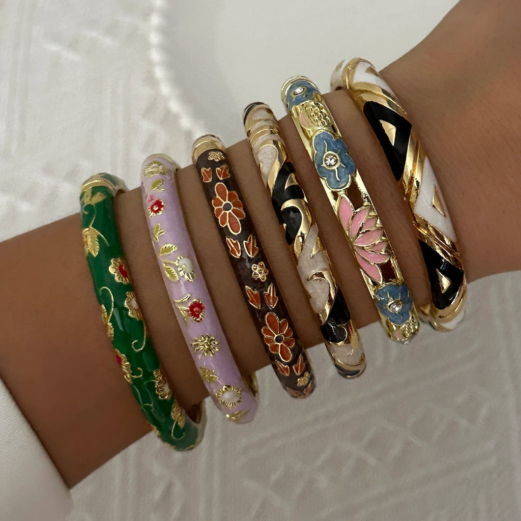 Bracelet élégant en émail goutte d'eau à texture florale pour femme, plaqué or rétro, avec zircon floral et motif œil porte-bonheur, bijou de fête