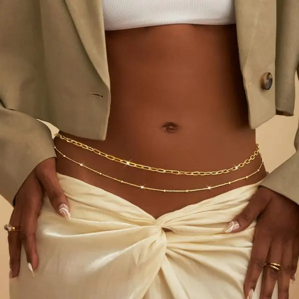 Chaînes de ventre à pampilles en strass pour femmes, Double couche en métal, pour vacances à la plage, maillons de ventre, bijoux de taille pour le corps