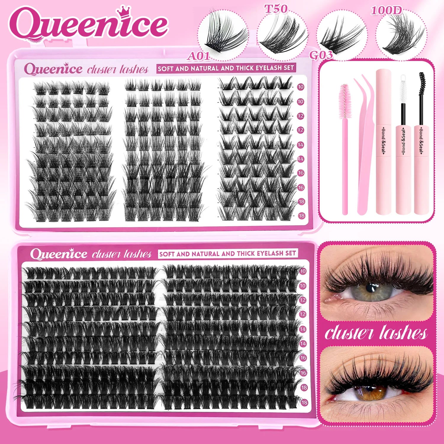 Kit d’extensions de cils DIY en bouquets – Faux cils individuels à poser soi-même, longueurs de 9 à 16 mm. Effet léger et naturel (wispy). Kit complet incluant colle (bond) et fixateur (seal) pour une meilleure tenue des cils