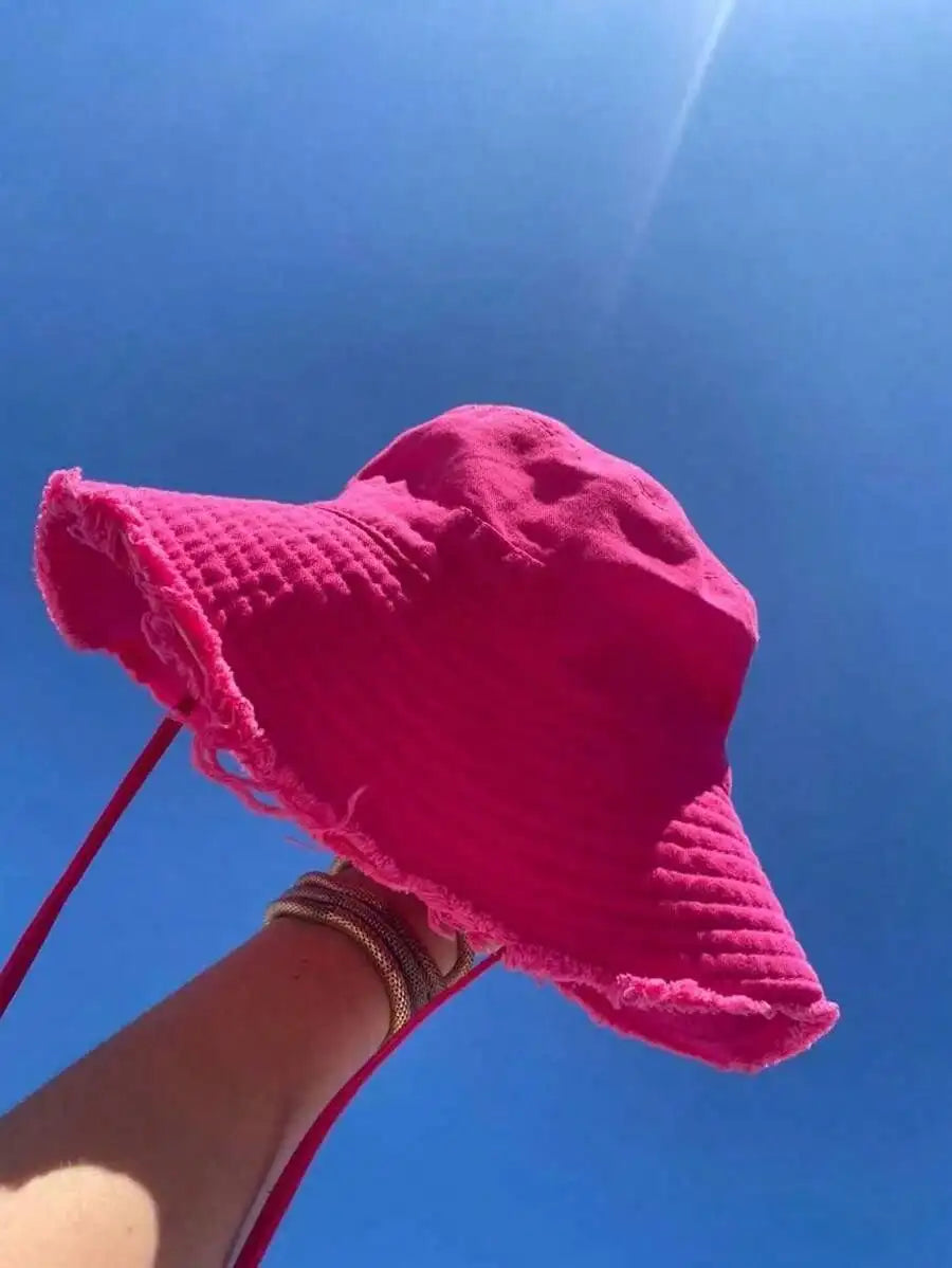 1 chapeau bob pour femme avec cordon de serrage et bords effilochés, chapeau bob d'extérieur avec sangle de menton réglable