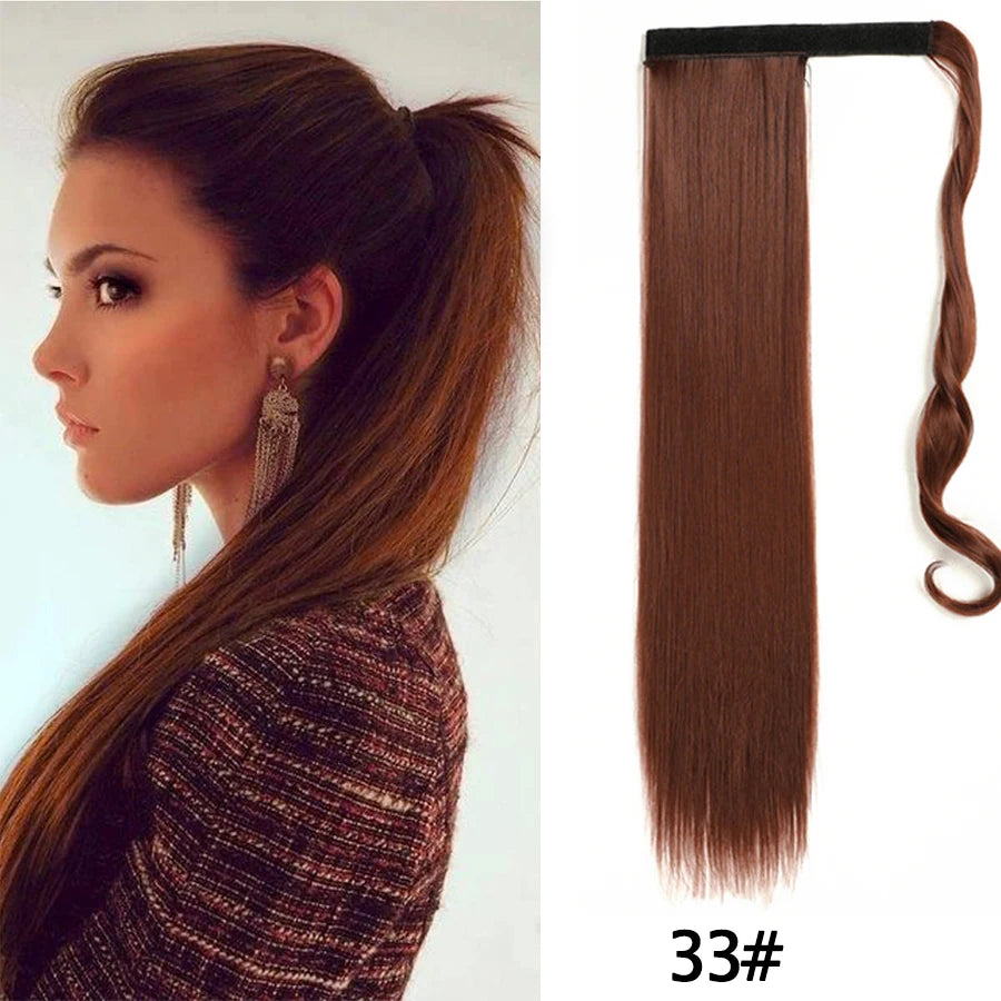 Queue de cheval synthétique longue et droite de 22 pouces, extension de cheveux à enrouler avec clip, résistante à la chaleur, postiche blond