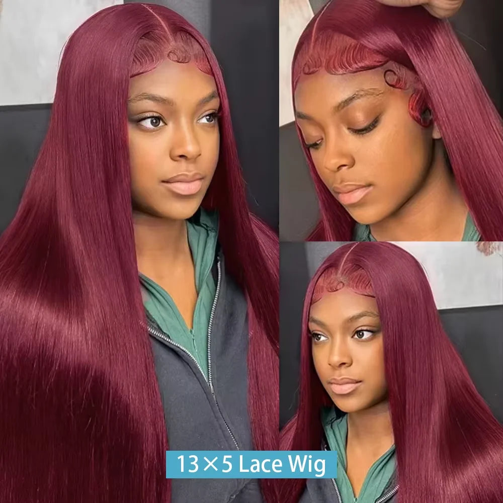 Perruque de cheveux humains lisses bordeaux avec dentelle frontale HD 13x6, 30-36 pouces, couleur rouge 99J, pour femmes