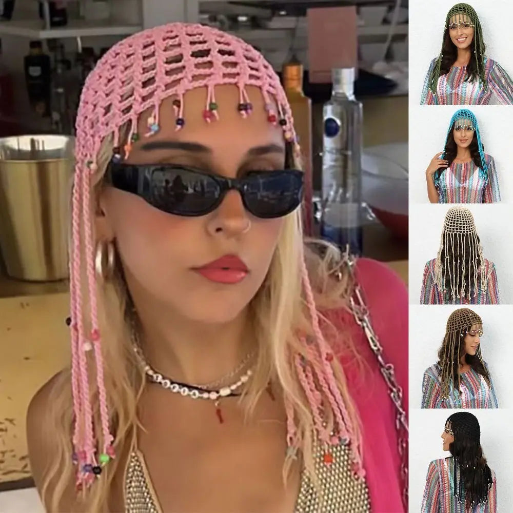 Chapeau tricoté ajouré respirant, béret Y2k fait à la main avec perles et pompons, chapeaux décontractés au Crochet pour femmes