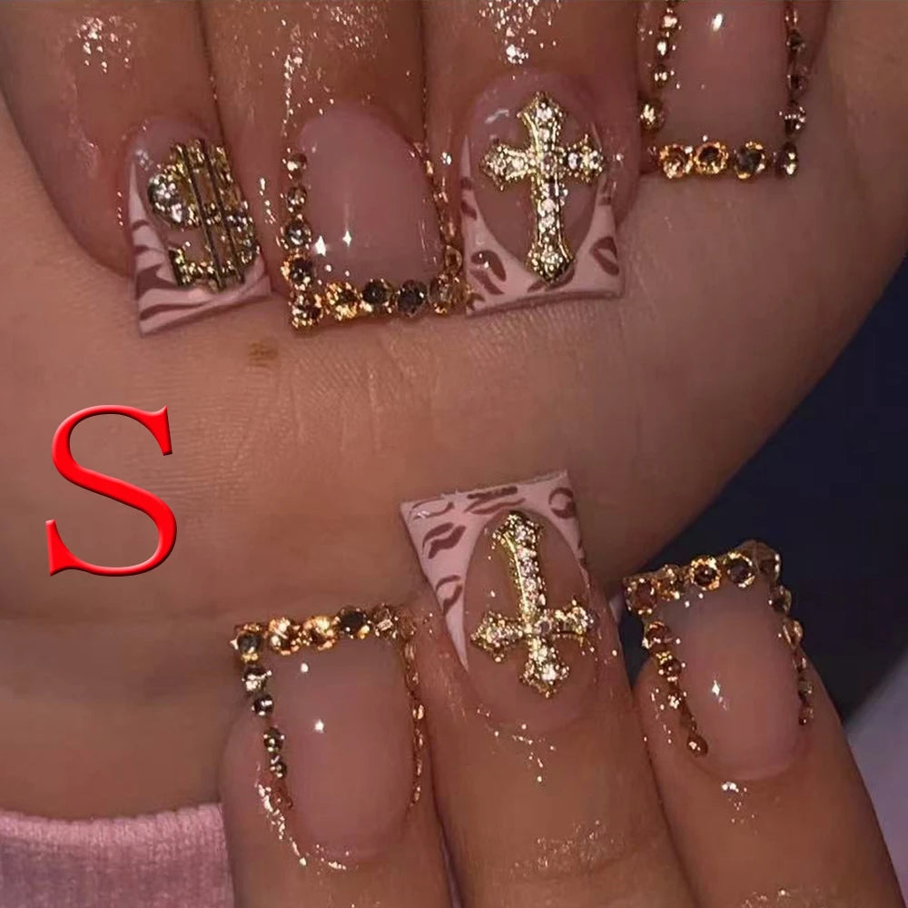 10 pièces diamant français pointu ongles courts carrés ongles nus faux ongles avec paillettes dorées diamant ongles imprimé léopard faux ongles