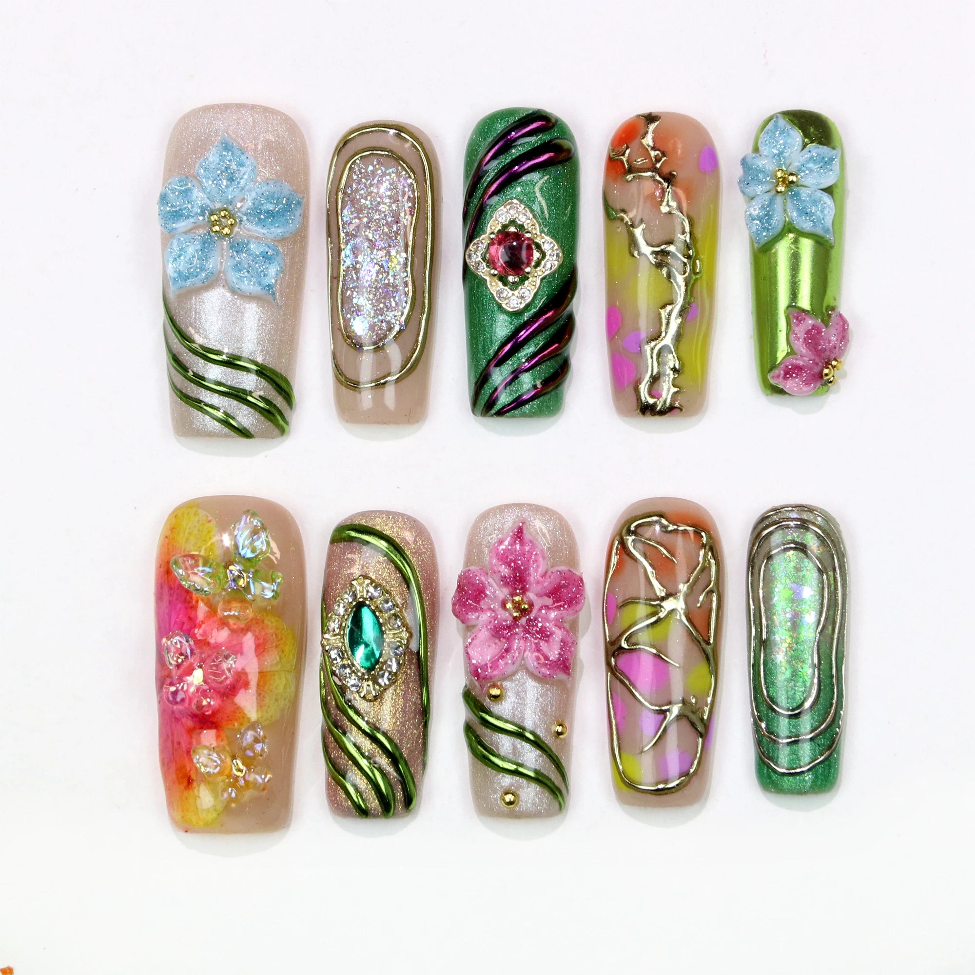 10 pièces 30mm 3D belle manucure faite à la main presse sur les ongles, faux fleurs peintes à la main en acrylique