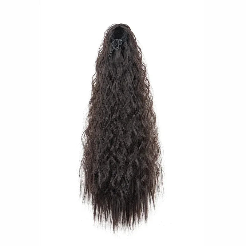 Queue de cheval synthétique longue et bouclée de 22 pouces, extension de cheveux à cordon de serrage, postiche noir à clipser pour femme