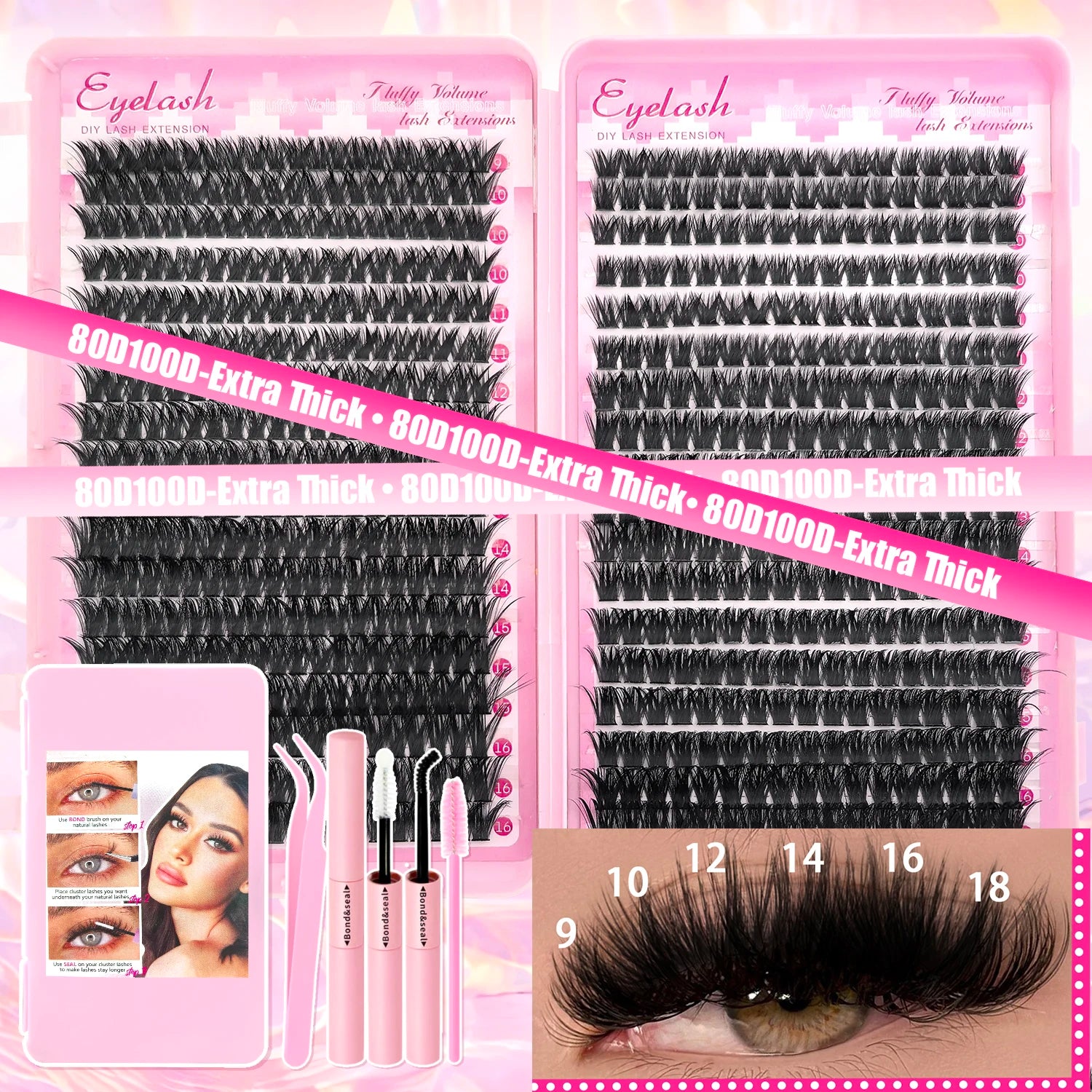 Kit d’extensions de cils DIY en bouquets – Faux cils individuels à poser soi-même, longueurs de 9 à 16 mm. Effet léger et naturel (wispy). Kit complet incluant colle (bond) et fixateur (seal) pour une meilleure tenue des cils