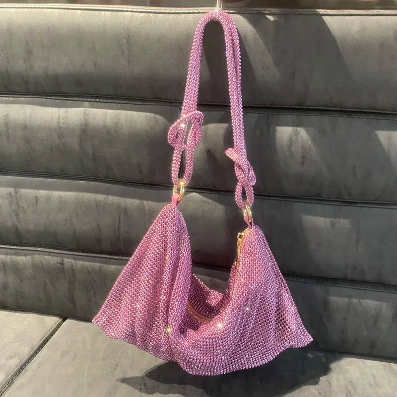 Sac à bandoulière type hobo de créateur de luxe, fait main, sac de soirée/clutch brillant avec strass, pochette en cristal, sac à main et sac hobo.