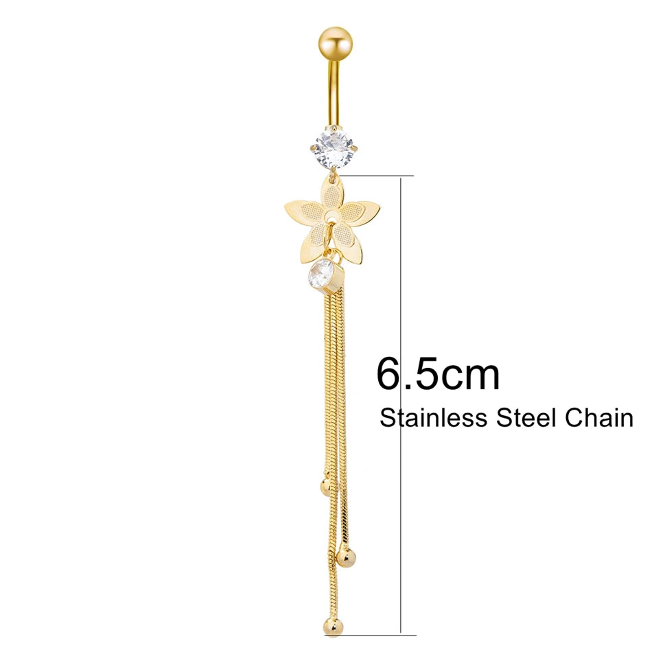 Bijou de nombril pour femme – piercing de ventre en acier inoxydable avec chaîne longue, pampilles et fleur pendante, accessoires de corps pour soirée et plage