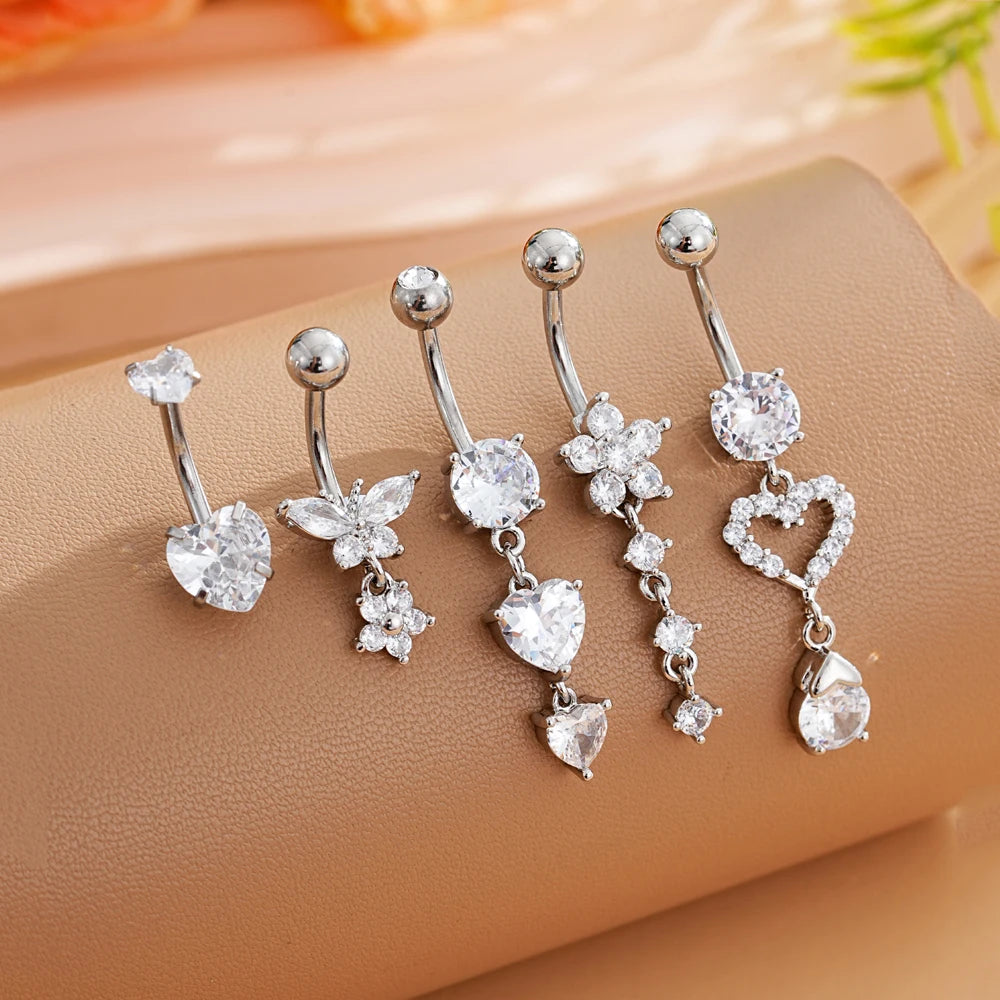3-5 pièces ensembles de styles mixtes coeur fleur balancent nombril anneaux en acier inoxydable papillon incurvé Zircon ventre Piercing nombril anneau