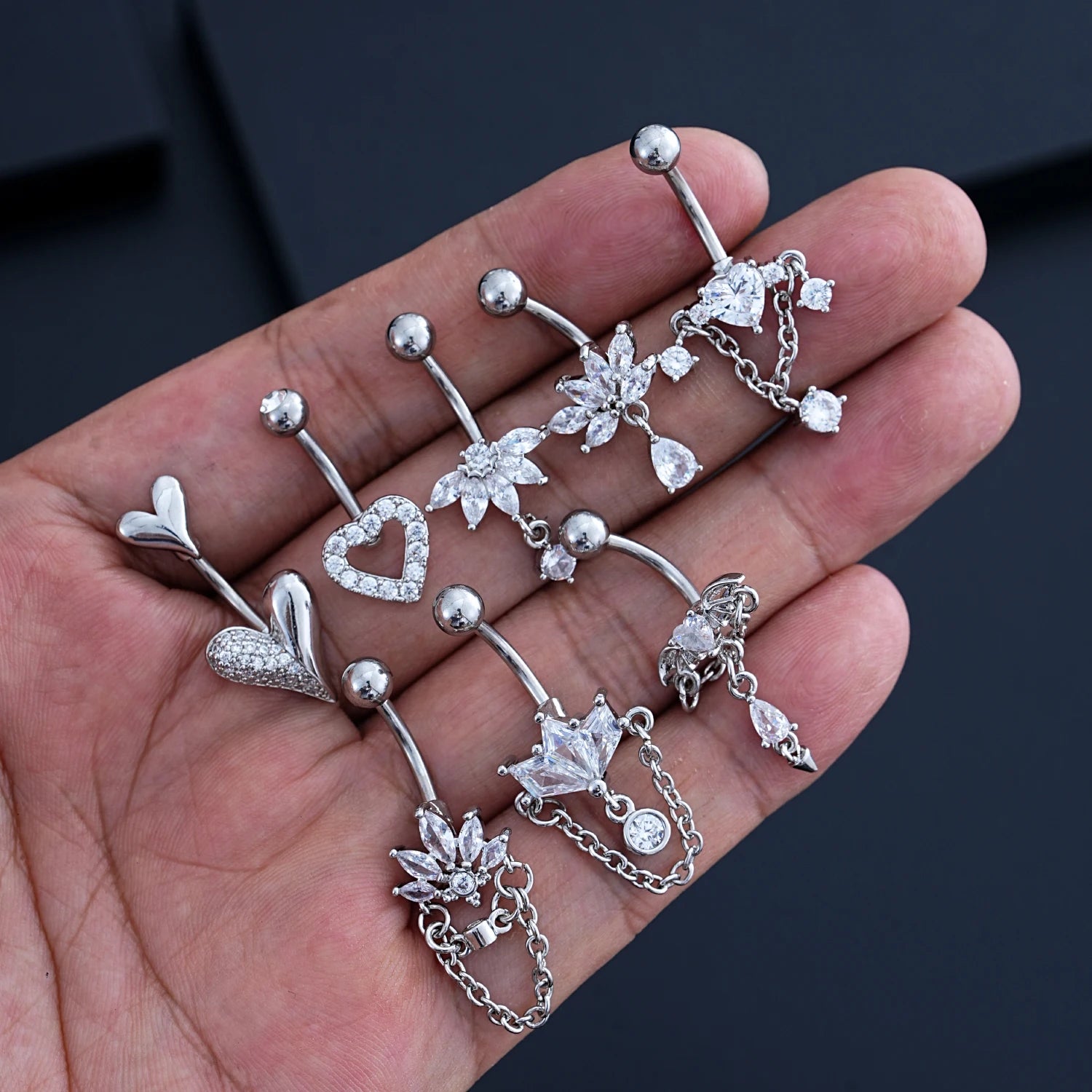 Anneaux de nombril incurvés 14G, cristaux CZ, corps Sexy, chaînes de nombril, fleur, Piercing de ventre, Umbigo, bijoux en acier inoxydable