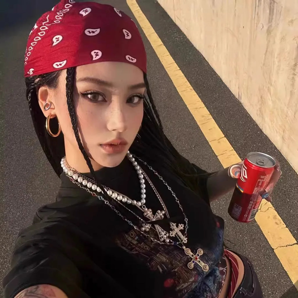 2025 mode femmes rouge Bandana écharpe filles enfants Punk carré Bandanas chapeaux bohème foulard bandeaux cheveux accessoires