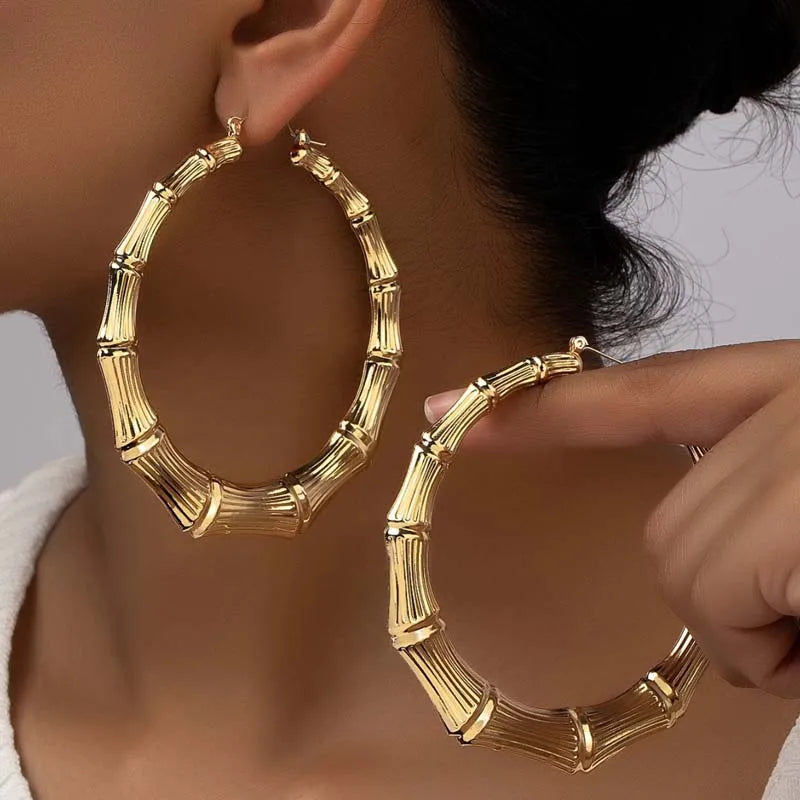 Grandes boucles d'oreilles en bambou pour femmes, exagérées, à la mode, couleur or, cercle rond géométrique, bijoux cadeaux de fête