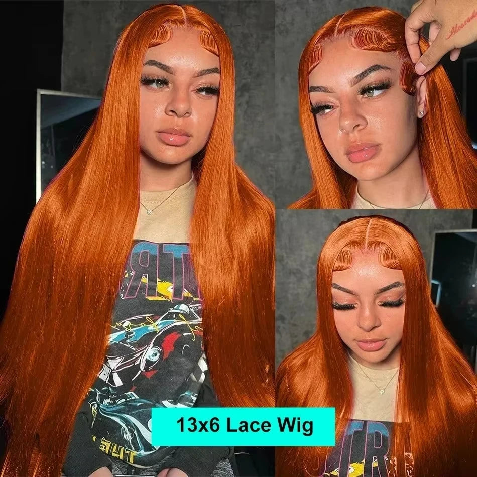 Perruque Lisse Orange Gingembre de 30 Pouces, Cheveux Humains Péruviens Colorés 350, Lace Frontale HD Transparente 13x6 13x4 pour Femmes