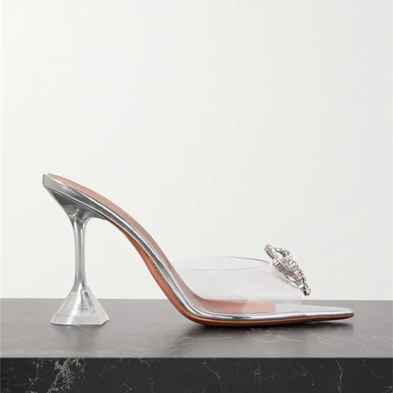 Grande taille 35-45, mules transparentes en PVC avec strass et nœud, élégantes sandales à talons hauts pour femmes, chaussures d’été tendance, sandales et mules à enfiler.