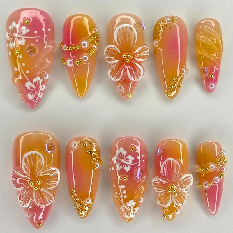 24 pièces de faux ongles à fleurs, style tendance, avec effet dégradé jaune et rose. Ongles portables à couverture complète, forme amande , à poser directement (Press-On Nails).