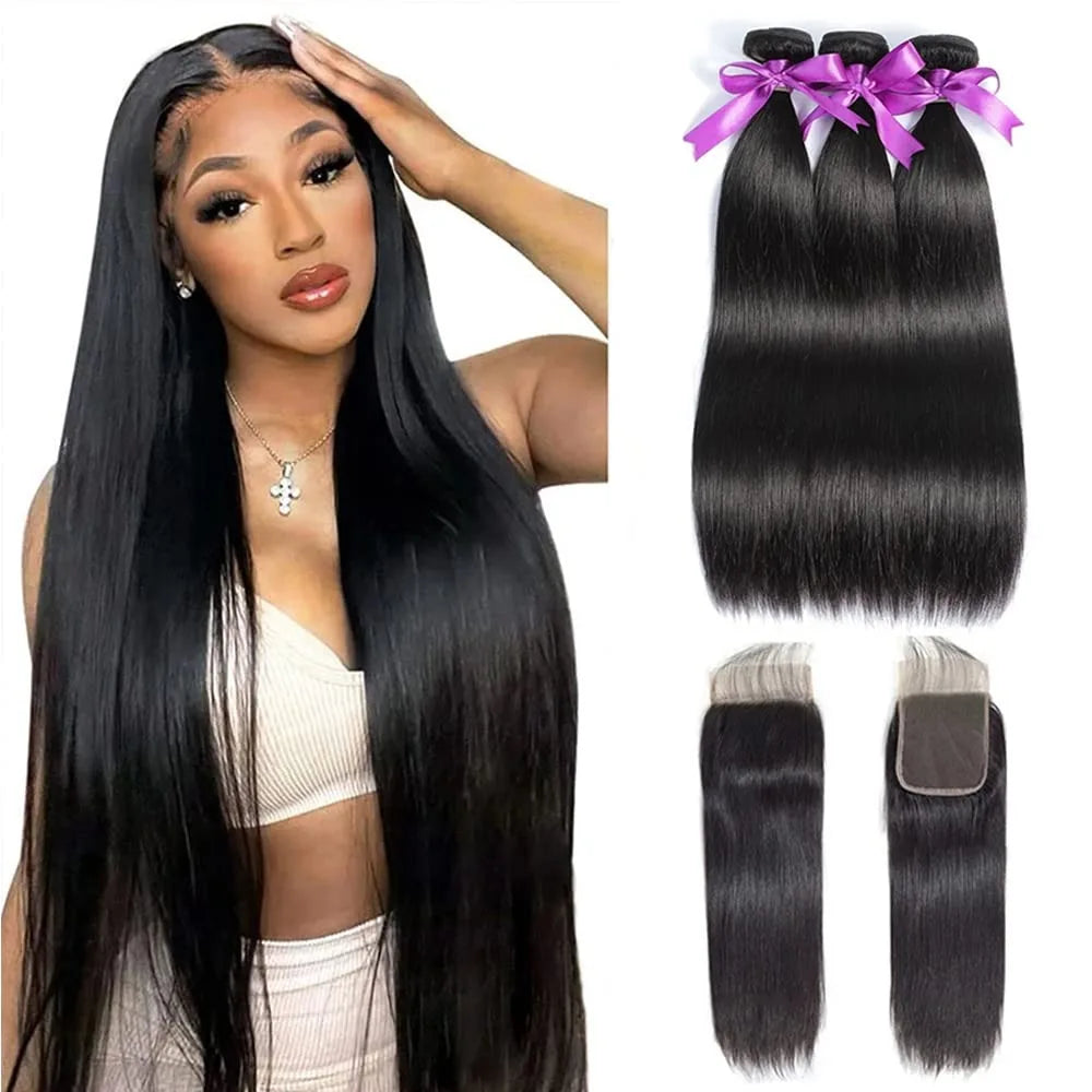 Mèches de cheveux humains raides couleur chocolat brun avec fermeture (closure) HD 4x4 ou frontal 13x4, extensions de tissage en cheveux 100 % bruts Remy.