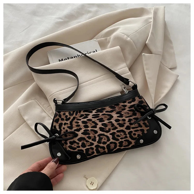 Nouveau sac sous le bras tendance, sac à bandoulière pour femmes, sac à main avec double nœud doux, sac pour dames, style rétro, sac à épaule féminin à motif léopard.