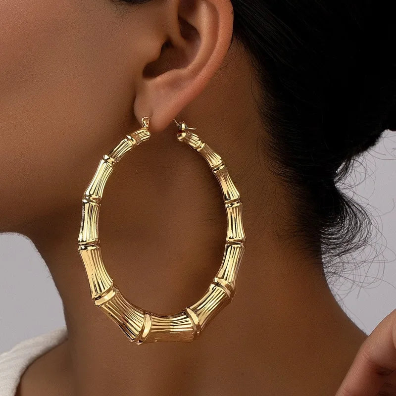 Grandes boucles d'oreilles en bambou pour femmes, exagérées, à la mode, couleur or, cercle rond géométrique, bijoux cadeaux de fête