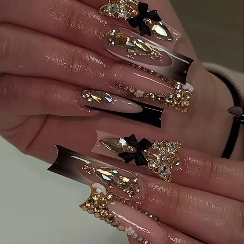 24 faux ongles longs carrés à presser, motif léopard, design cerise 3D, strass, couvrance totale, prêts à poser