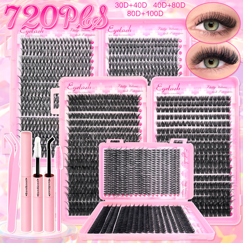 Kit d’extensions de cils DIY en bouquets – Faux cils individuels à poser soi-même, longueurs de 9 à 16 mm. Effet léger et naturel (wispy). Kit complet incluant colle (bond) et fixateur (seal) pour une meilleure tenue des cils