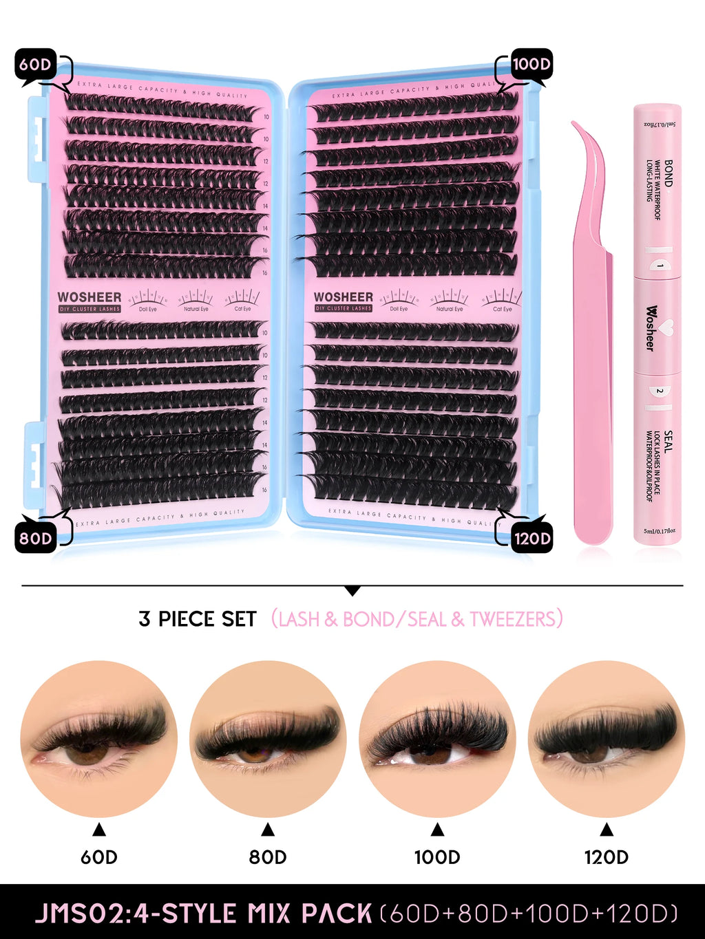 Kit de bouquets de faux cils – Extensions de cils individuelles en bouquets, effet volumineux et léger, plateau de tailles mixtes, avec colle et fixateur pour cils (Lash Bond & Seal) ainsi qu’une pince applicatrice incluse.