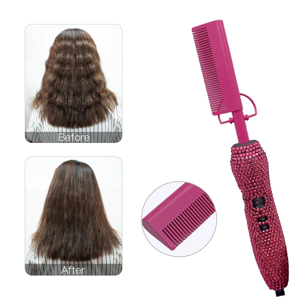 Peigne chaud 2 en 1 peigne chaud lisseur avec strass peigne chauffant électrique pente quente peigne chauffant lisseur cheveux outils