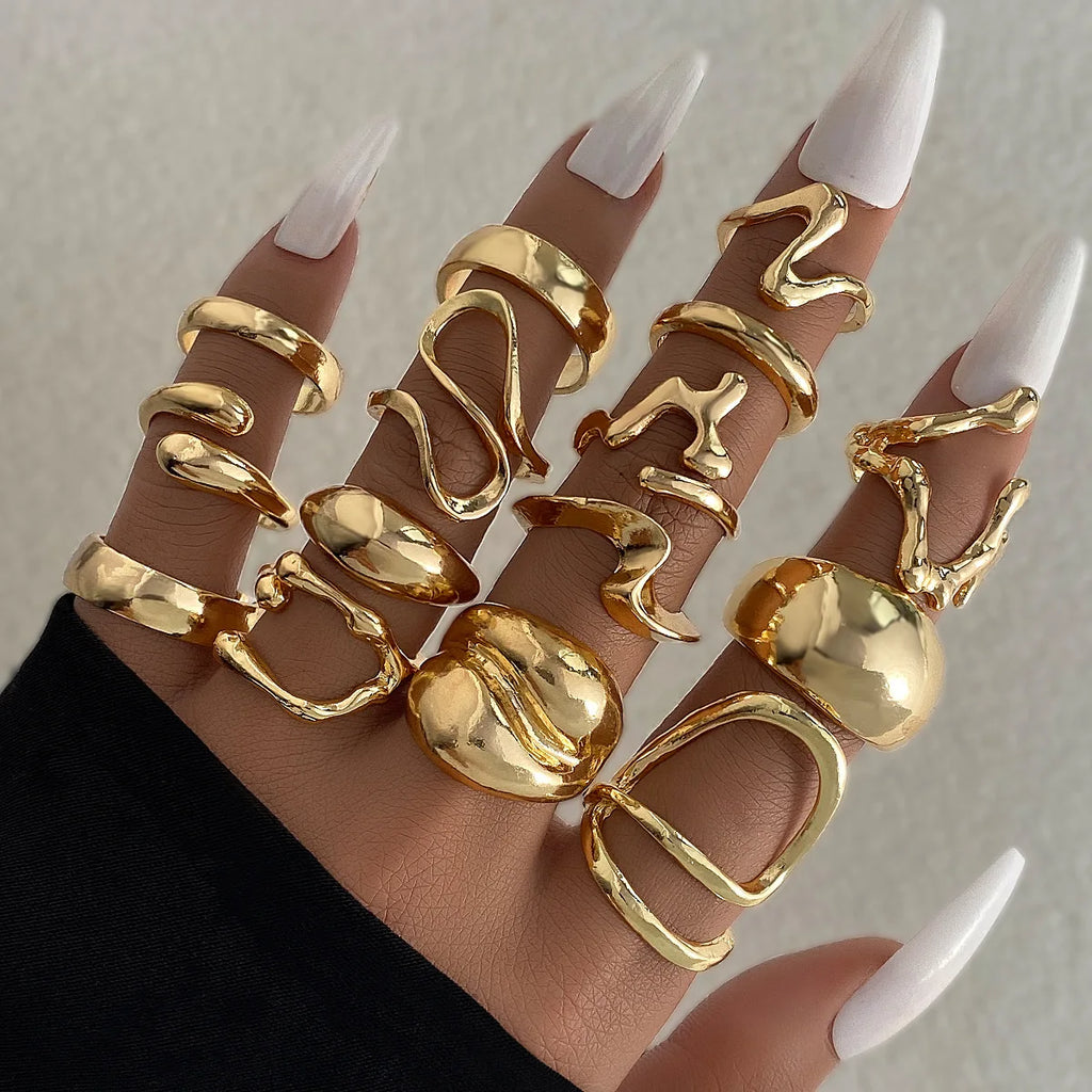 Bagues lisses en métal pour femmes et hommes, lignes irrégulières exagérées, gouttelettes d'eau, Punk rétro Boho, bijoux à la mode, cadeau, 15 pièces/ensemble
