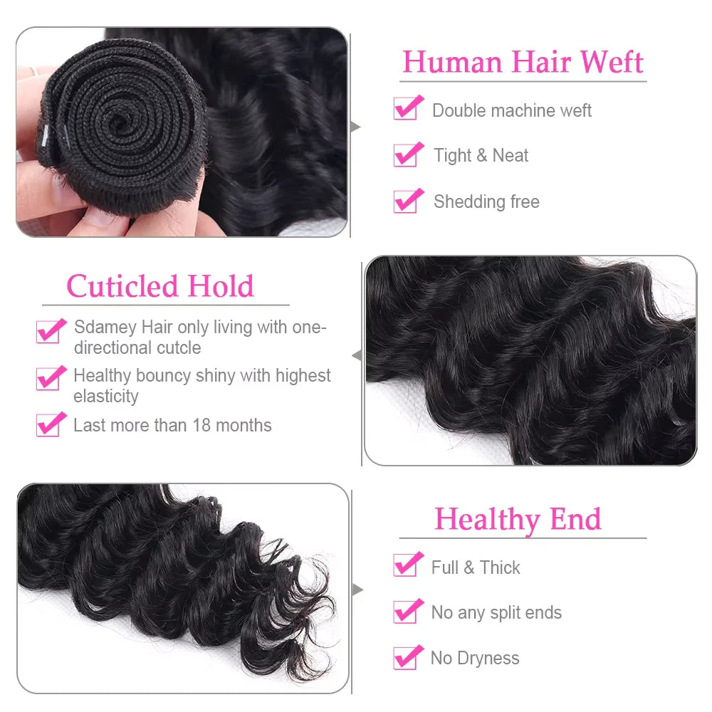 Extensions de cheveux brésiliens Remy, ondulés profonds, couleur naturelle, 38-40 pouces, non traités, 1/3/4 pièces