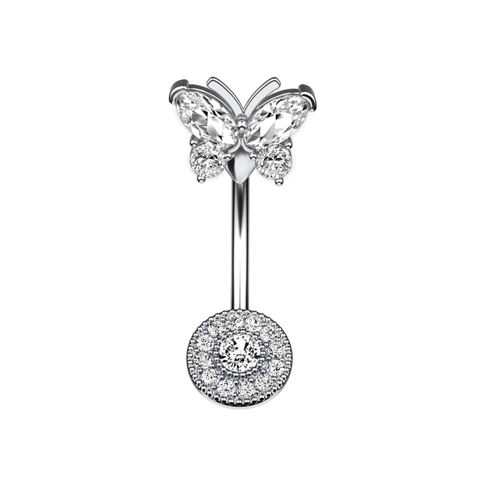 1 pièce Anneau de nombril incurvé en acier inoxydable couleur or avec cristaux CZ, motif papillon abeille, 14G, avec pendentif