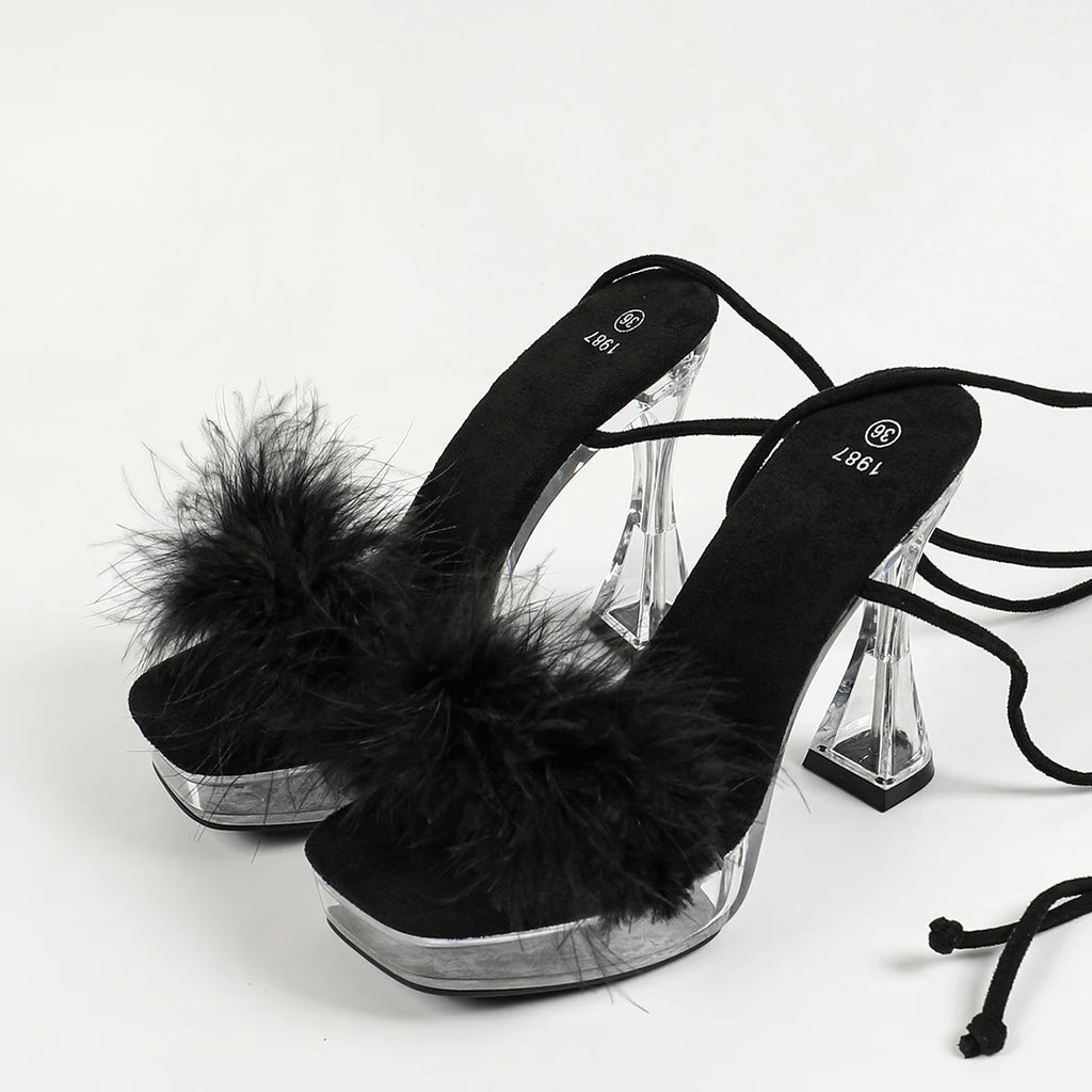 Nouvelles sandales d’été pour femmes en fourrure, à lacets autour de la cheville, talons hauts pour soirée (12 cm), modèles transparents avec cristaux, chaussures grandes tailles pour femmes, talons à bout carré.