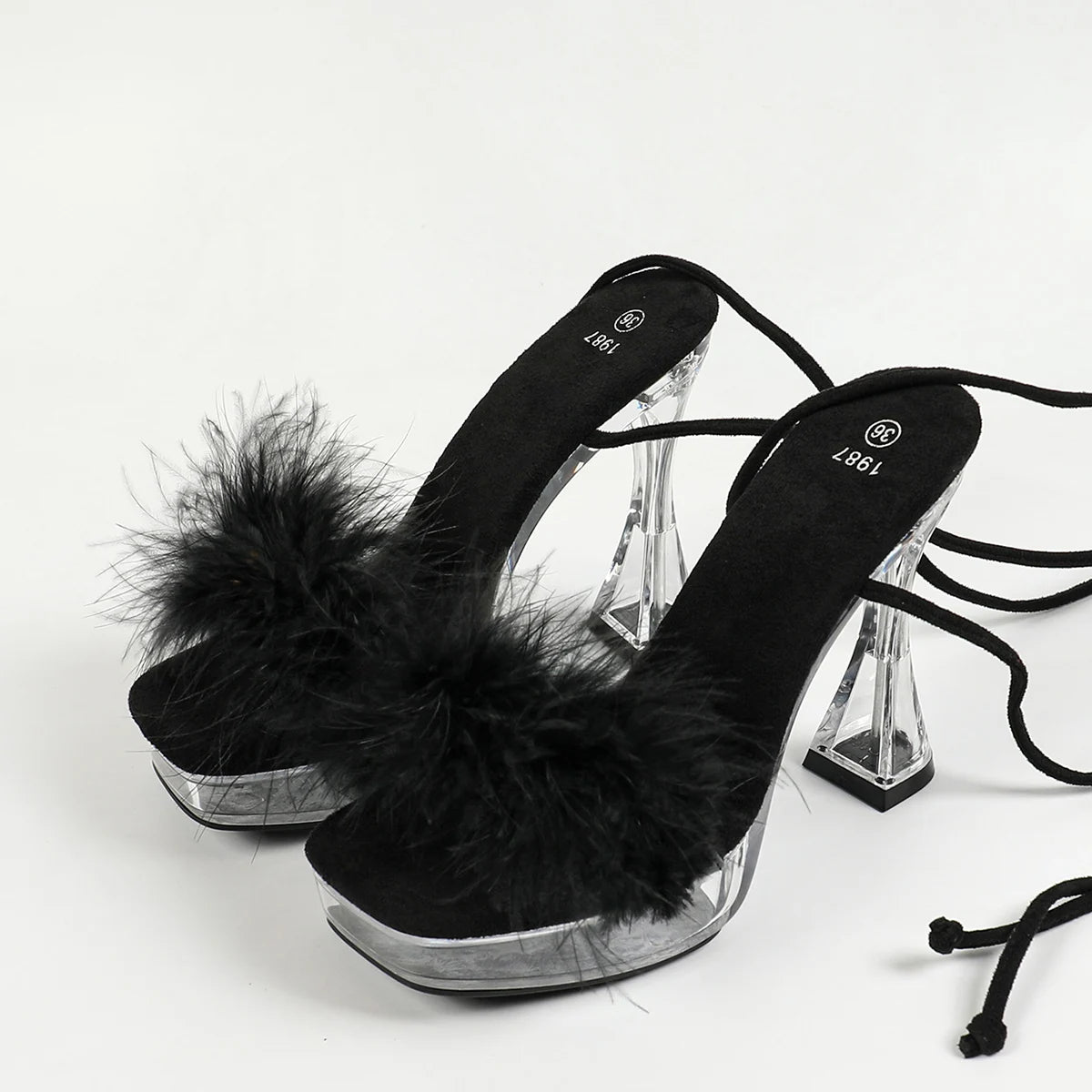 Nouvelles sandales d’été pour femmes en fourrure, à lacets autour de la cheville, talons hauts pour soirée (12 cm), modèles transparents avec cristaux, chaussures grandes tailles pour femmes, talons à bout carré.