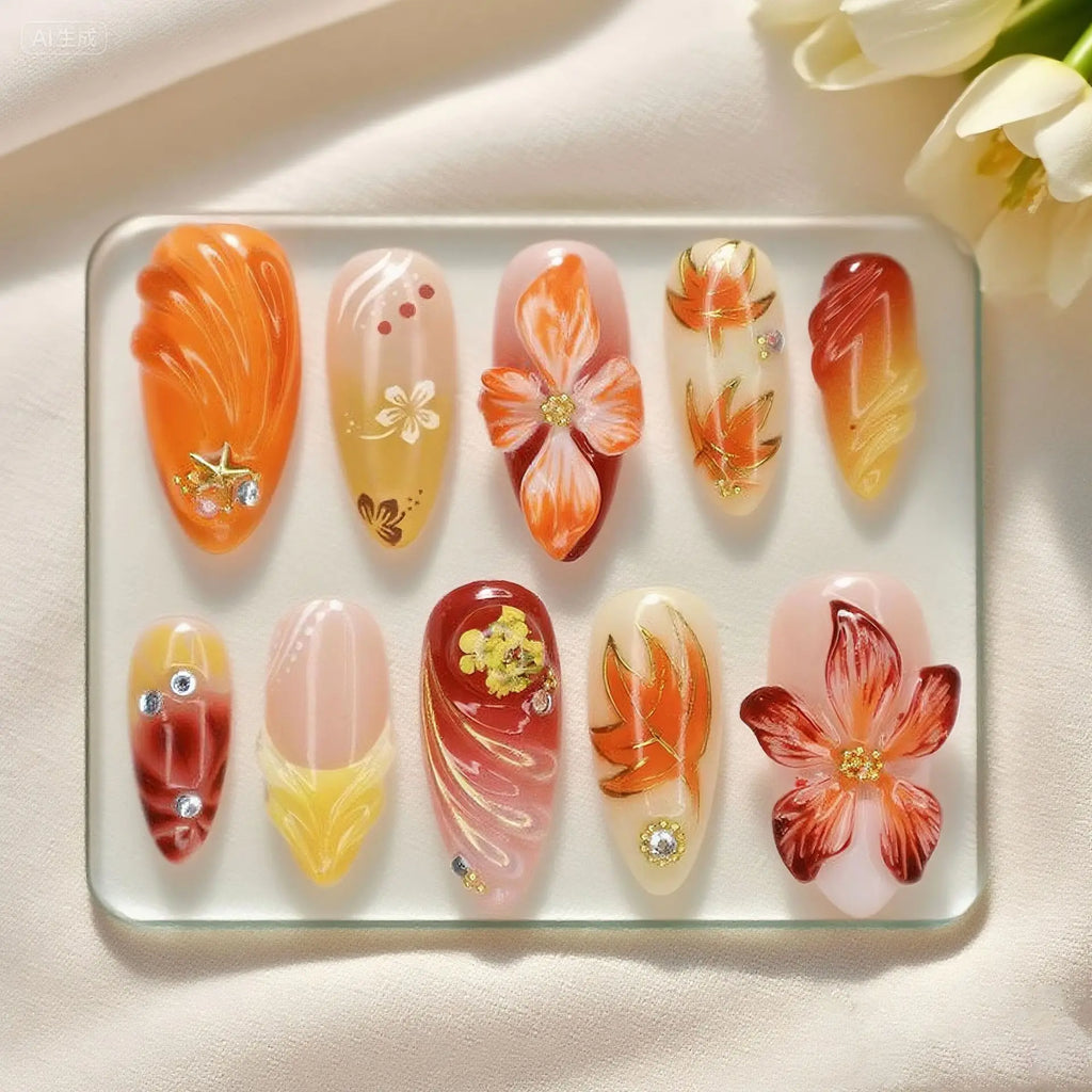 24 pièces mi-long doré amande ongles ensemble presse sur 3D fleur dégradé rose couverture complète faux ongles conseils perle réutilisable faux ongles