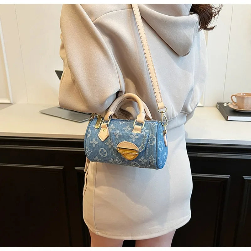 Sacs en jean tendance pour femmes, sacs bandoulière élégants et polyvalents, sacs à main cylindriques ronds à la mode