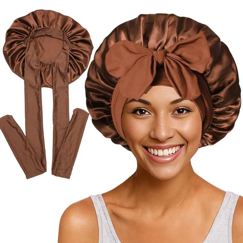 Nouveau bonnet de nuit en satin uni avec bande élastique extensible à nouer pour femmes, bonnet de douche ajustable, bonnet/turban pour couvrir les cheveux.