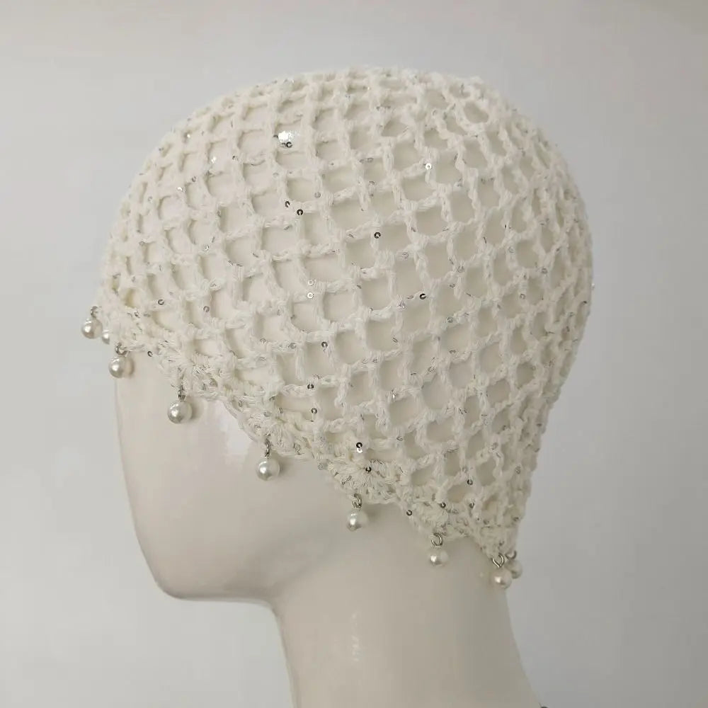 Bonnet en crochet ajouré tressé respirant avec perles et franges, style rétro, pour femme, été