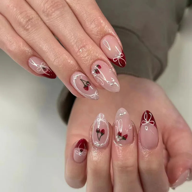 24 pièces doux oeil de chat français presse sur ongles diamant pointu tridimensionnel nœud papillon portable ongles pour femmes et fille amande ongles