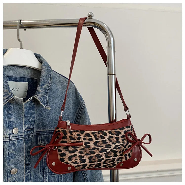 Nouveau sac sous le bras tendance, sac à bandoulière pour femmes, sac à main avec double nœud doux, sac pour dames, style rétro, sac à épaule féminin à motif léopard.