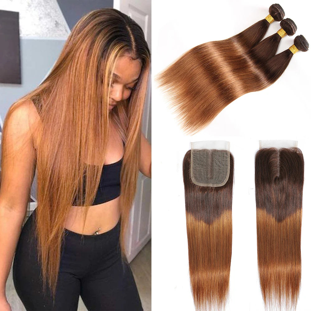 Mèches de cheveux humains raides couleur chocolat brun avec fermeture (closure) HD 4x4 ou frontal 13x4, extensions de tissage en cheveux 100 % bruts Remy.
