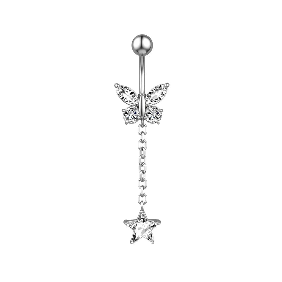 Piercing de nombril à filetage interne en titane – Bijou de nombril avec barre de piercing et pendentif décoratif. Orné d’une longue chaîne avec nœud, fleur ou papillon suspendu pour un look élégant et féminin.