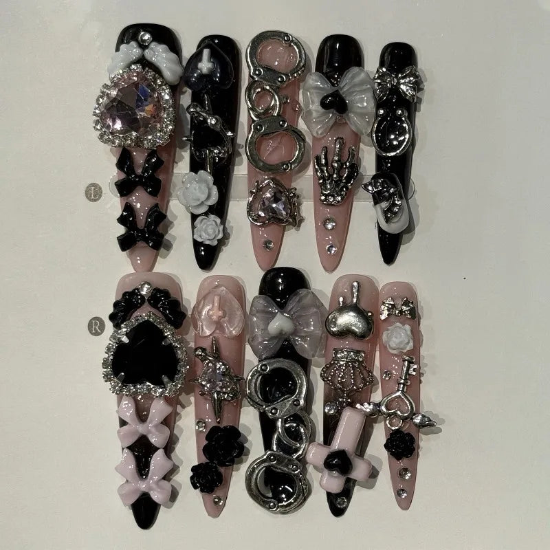 10 faux ongles longs stiletto roses avec nœud papillon, à presser, camélia blanc, détachables, avec strass scintillants pour nail art