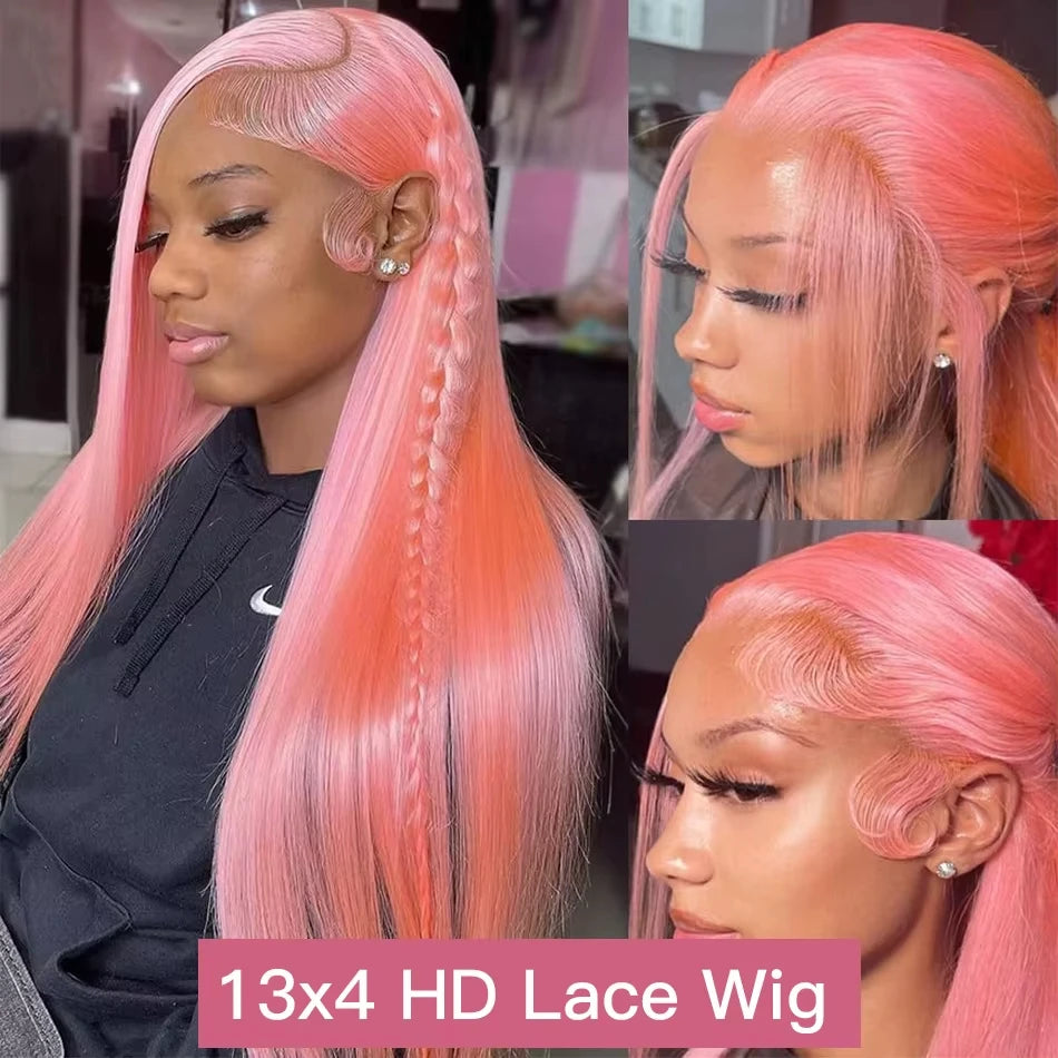 Perruque Lace Frontale HD Rose 13x6 en Cheveux Humains Brésiliens Lisses – Pré-épilée (Pre-Plucked), avec dentelle HD transparente, cheveux humains brésiliens raides (“Bone Straight”), couleur rose éclatante. Disponible en version Lace Front 13x4 ou 13x6