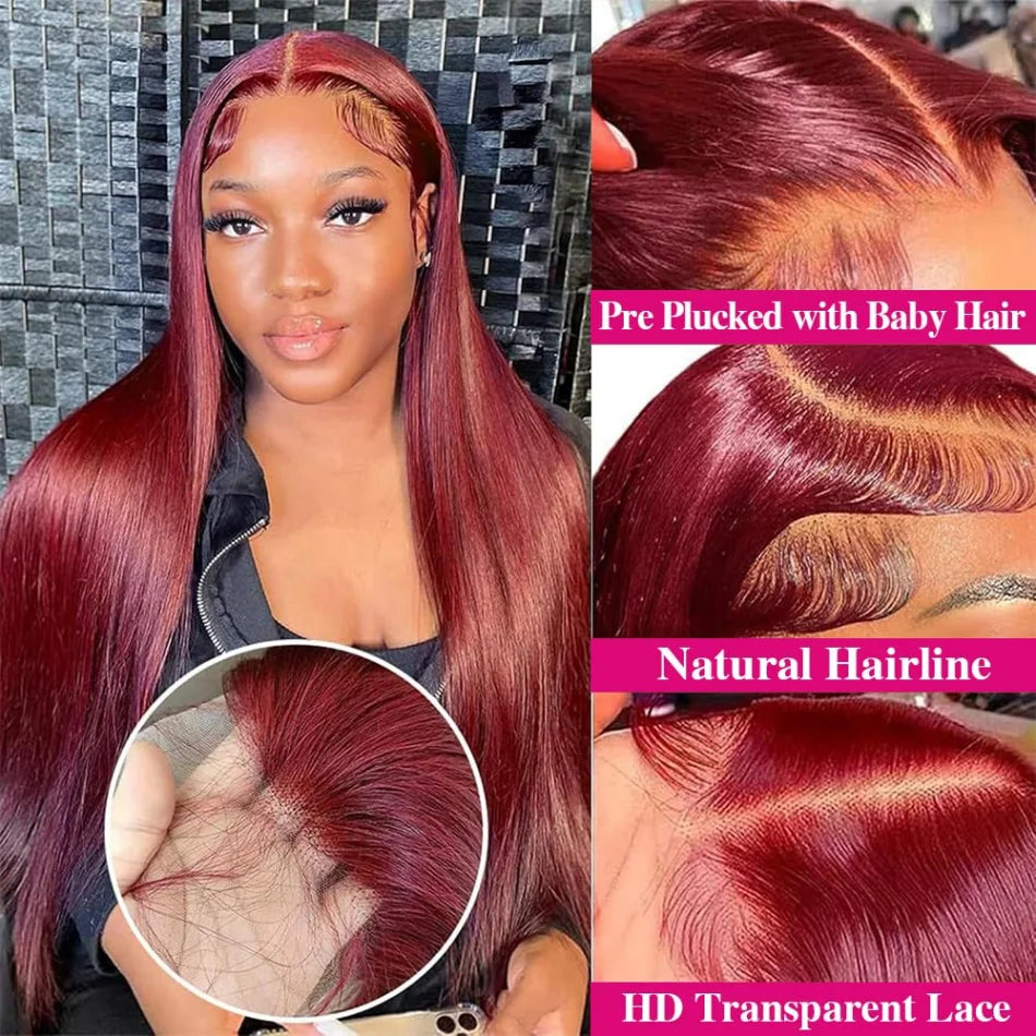 Perruque en cheveux humains raides 99J bordeaux, lace front HD 13x6, wig rouge colorée, pré-épilée, cheveux brésiliens, lace transparente frontale.