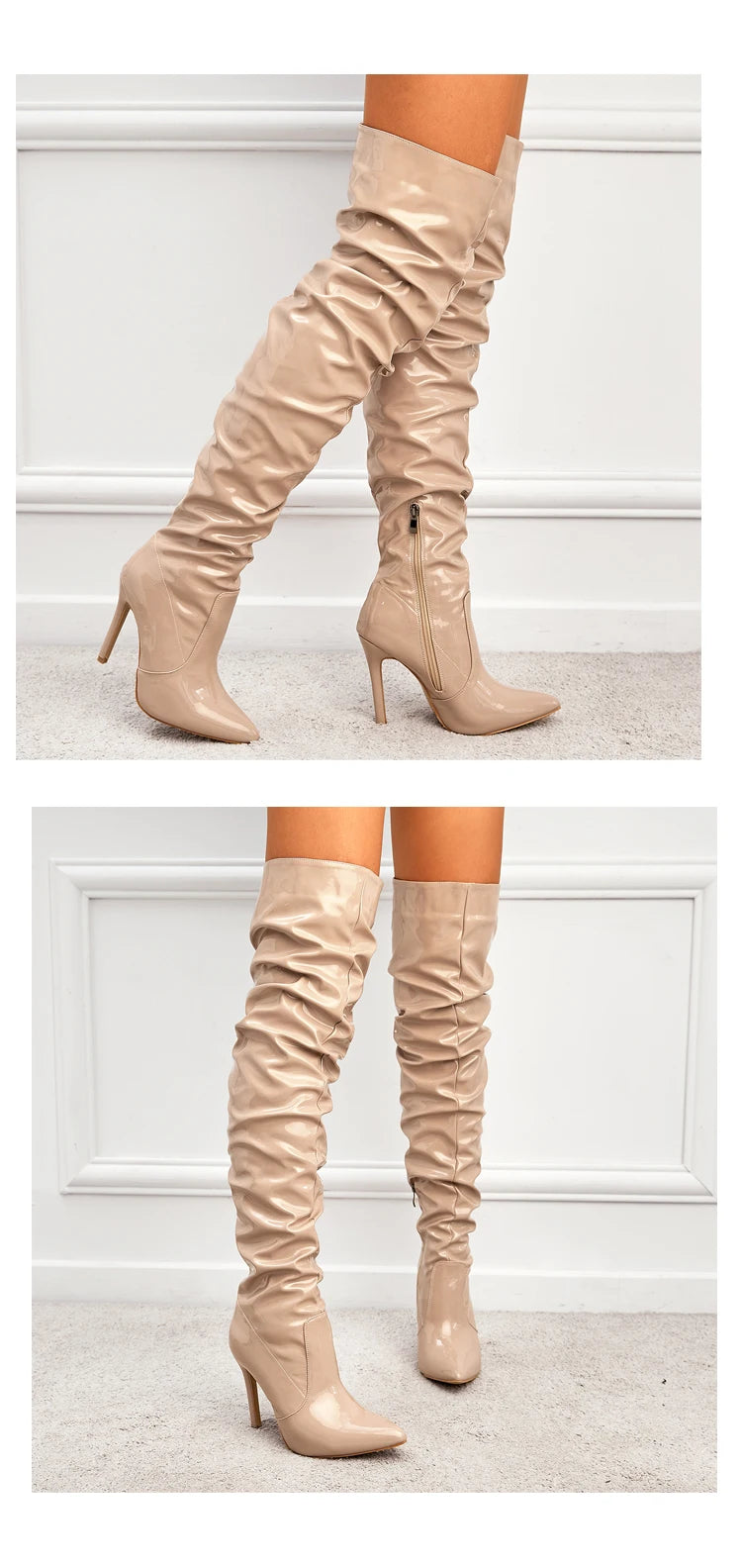 Bottes pour femmes au-dessus du genou, talons hauts, cuir verni, unies, bout pointu, talon aiguille, fermeture éclair latérale, chaussures féminines.