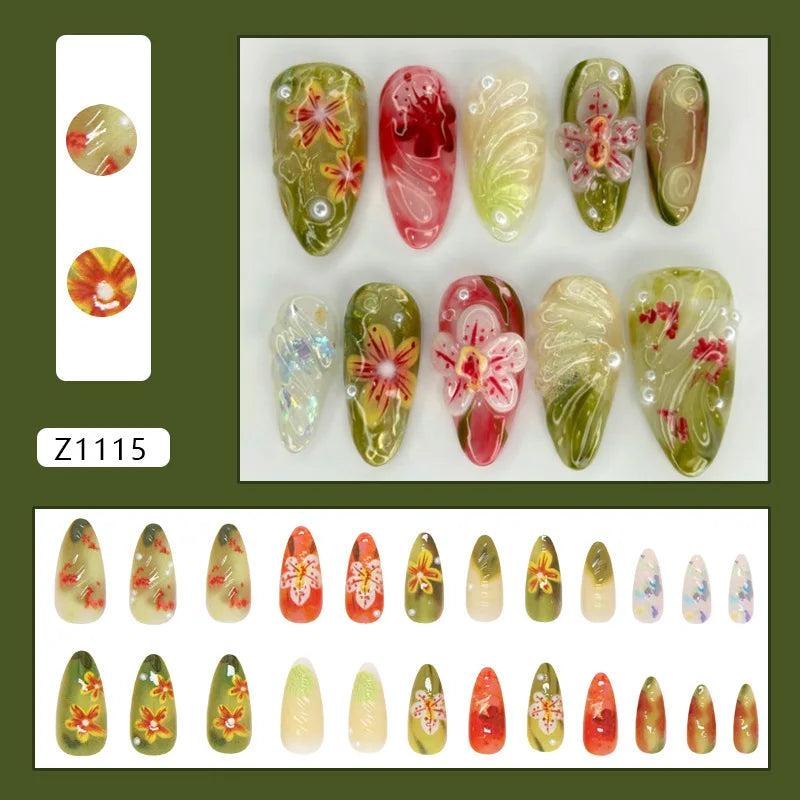 24 pièces de faux ongles à fleurs, style tendance, avec effet dégradé jaune et rose. Ongles portables à couverture complète, forme amande , à poser directement (Press-On Nails).