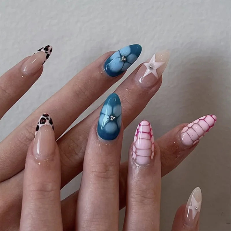 24 pièces de faux ongles à fleurs, style tendance, avec effet dégradé jaune et rose. Ongles portables à couverture complète, forme amande , à poser directement (Press-On Nails).