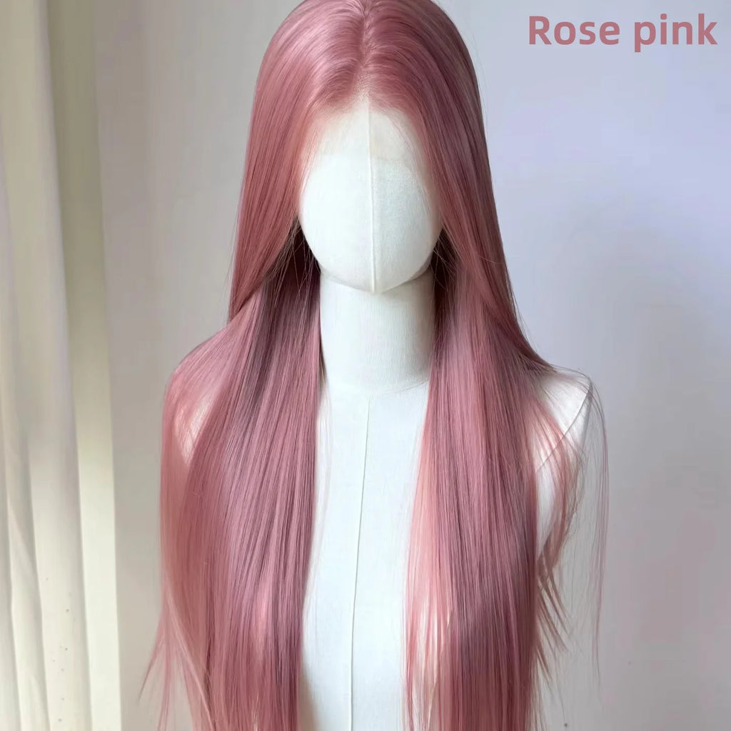 Perruque rose clair pour femme – Lace front 13x4, 26 pouces, longue et lisse, perruque synthétique en fibre douce naturelle résistante à la chaleur, idéale pour cosplay